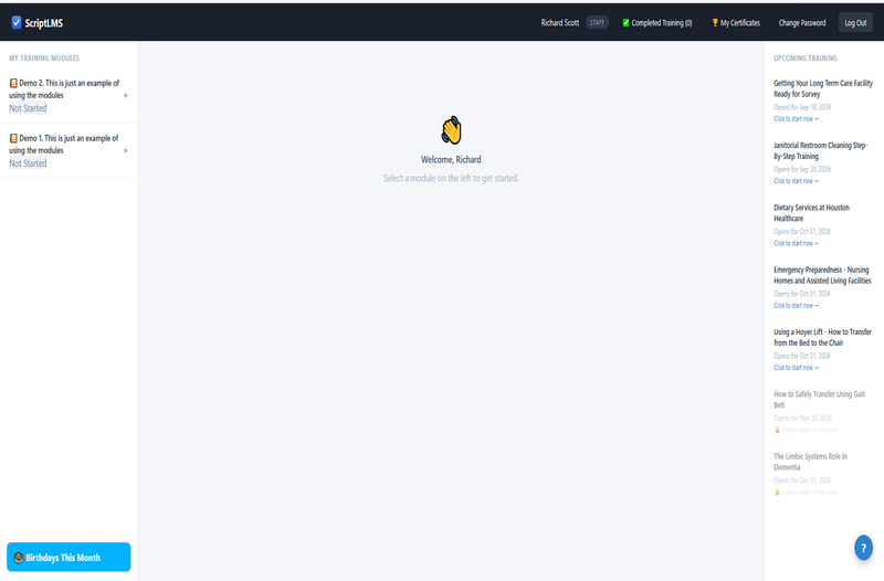 ScriptLMS staff training portal right after signing in